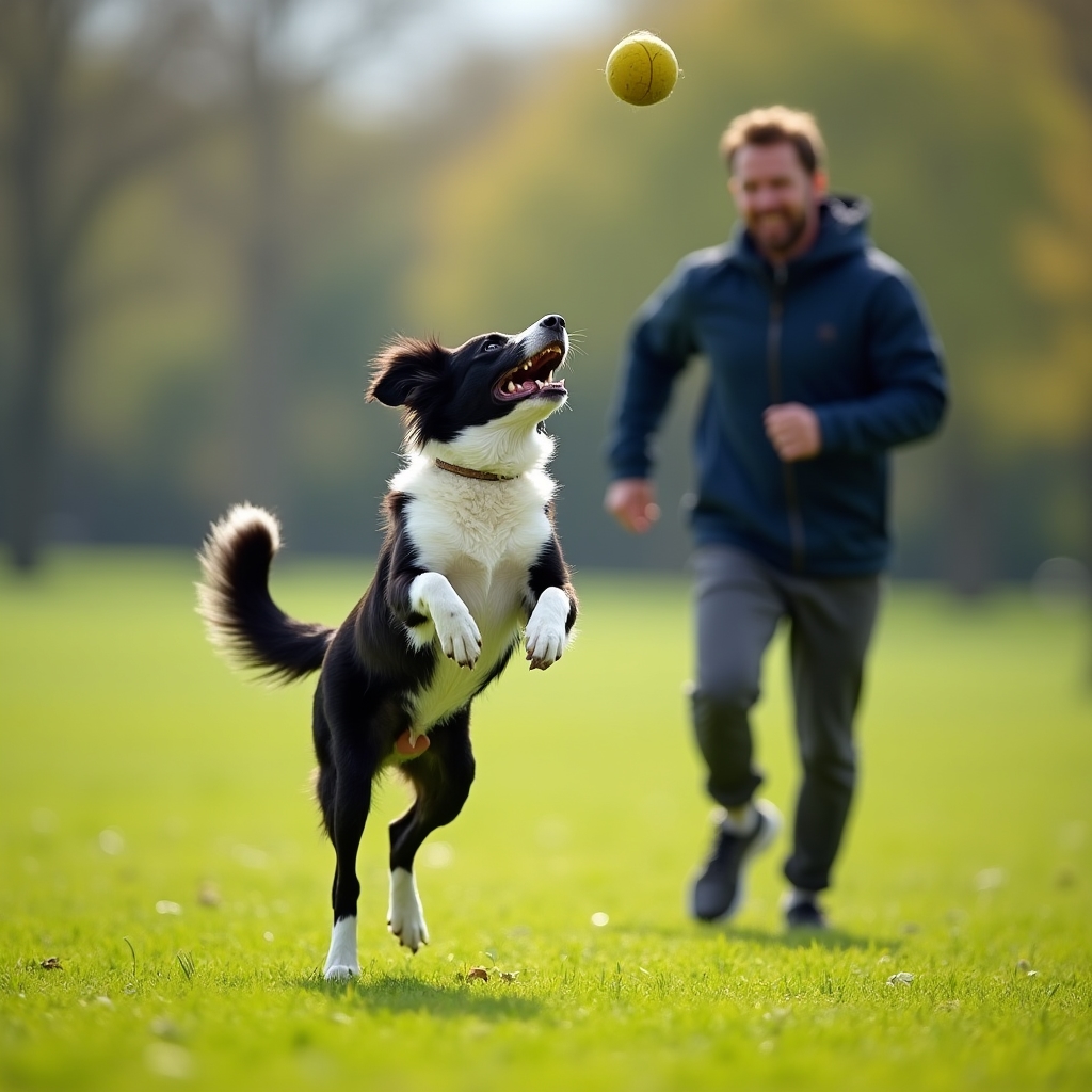 Border collie che corre a recuperare una pallina in un prato verde