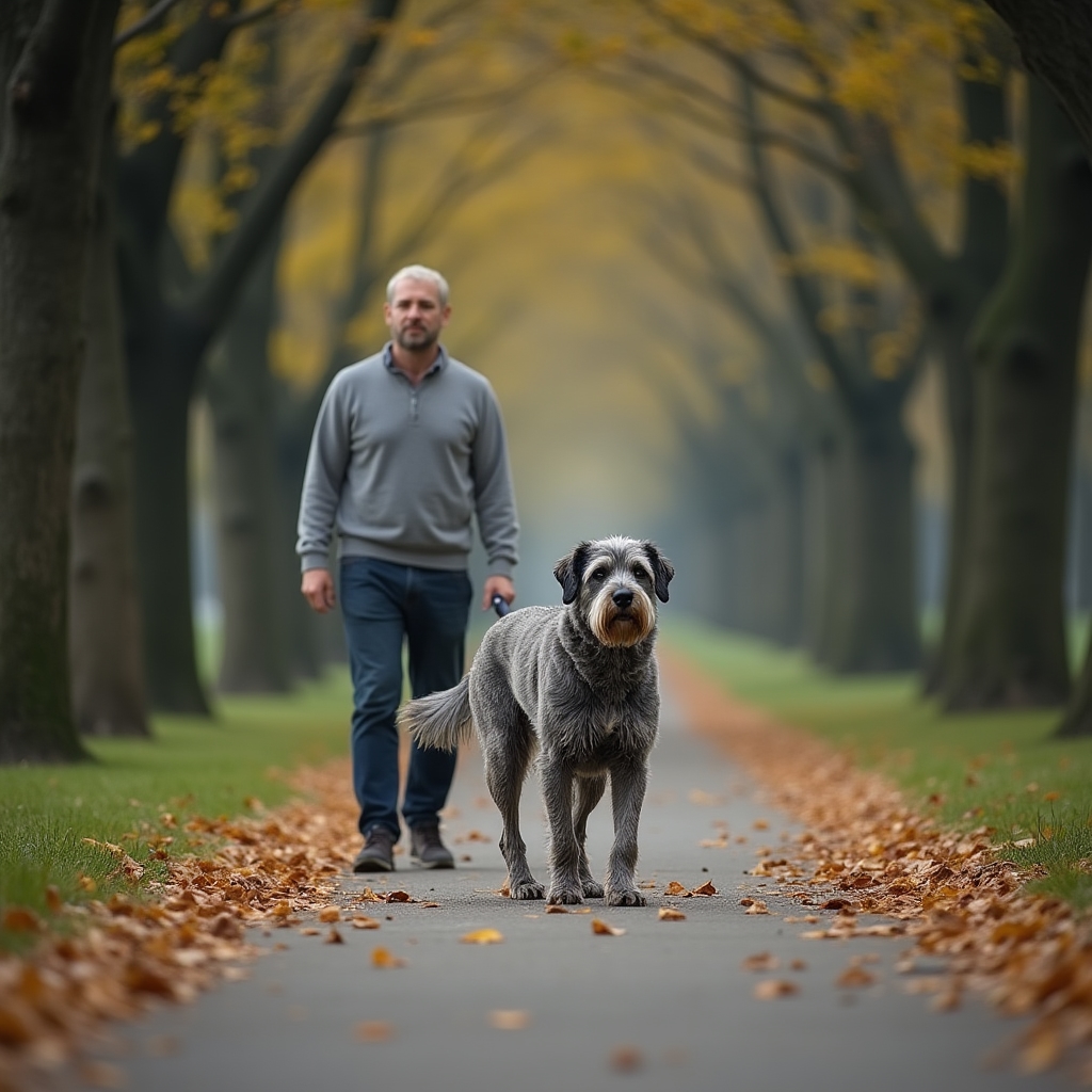 Cane anziano che cammina lentamente accompagnato dal walker su un vialetto ombreggiato
