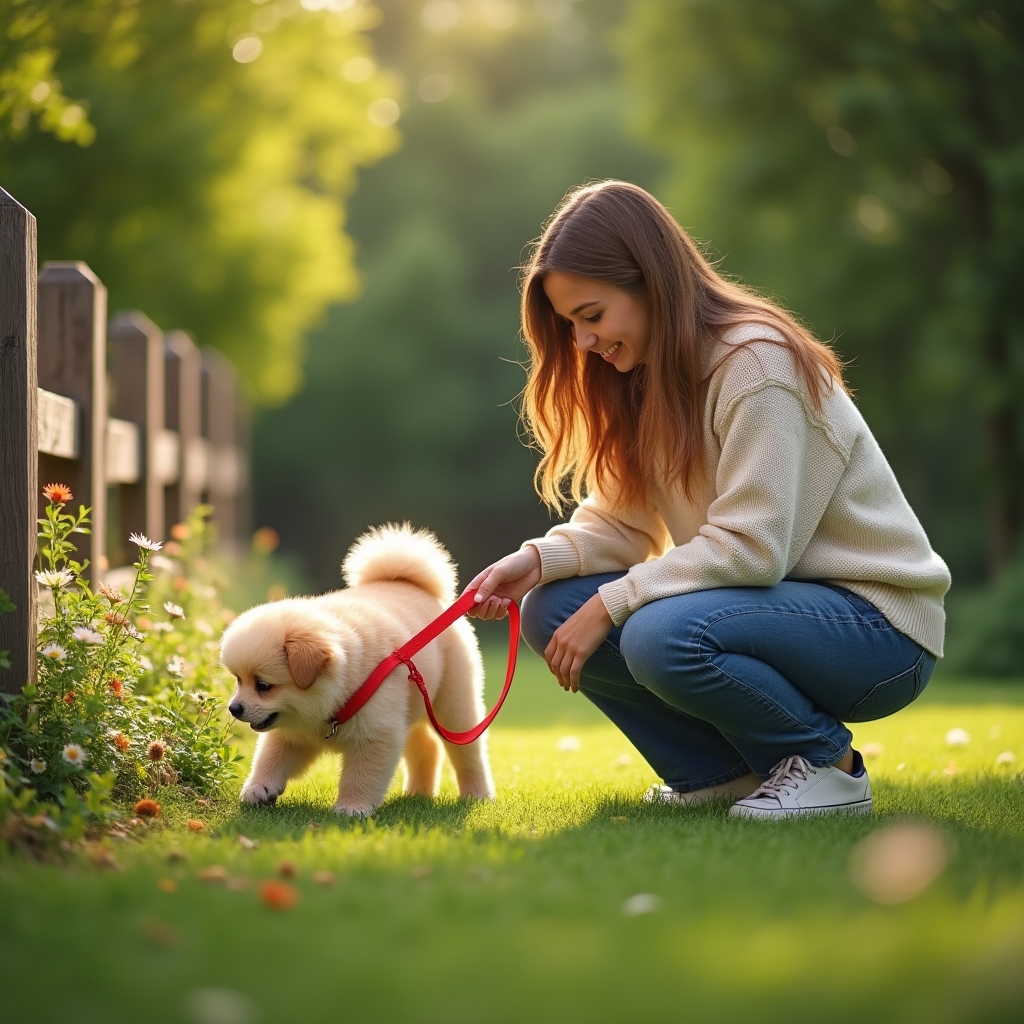Cucciolo al guinzaglio in un giardino recintato durante una fase di socializzazione controllata