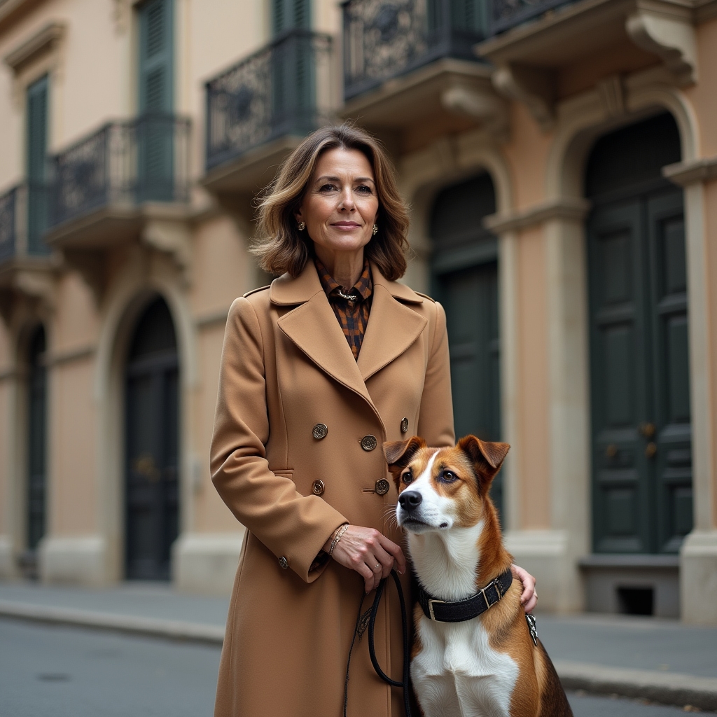 Ritratto della fondatrice di Ferinvrix con un cane al guinzaglio davanti a un edificio milanese