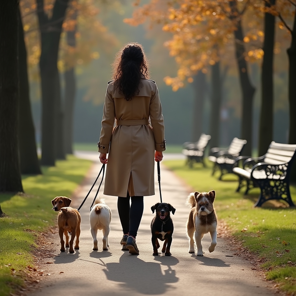 Gruppo di cani di taglie diverse in passeggio guidato nei giardini di Porta Romana a Milano