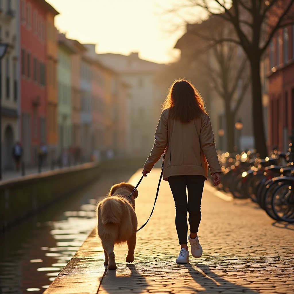 Walker che passeggia con un cane al guinzaglio lungo un canale dei Navigli a Milano