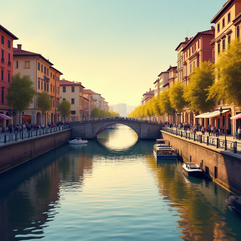 Scorcio del Naviglio Grande a Milano con case colorate e pontile lungo il canale