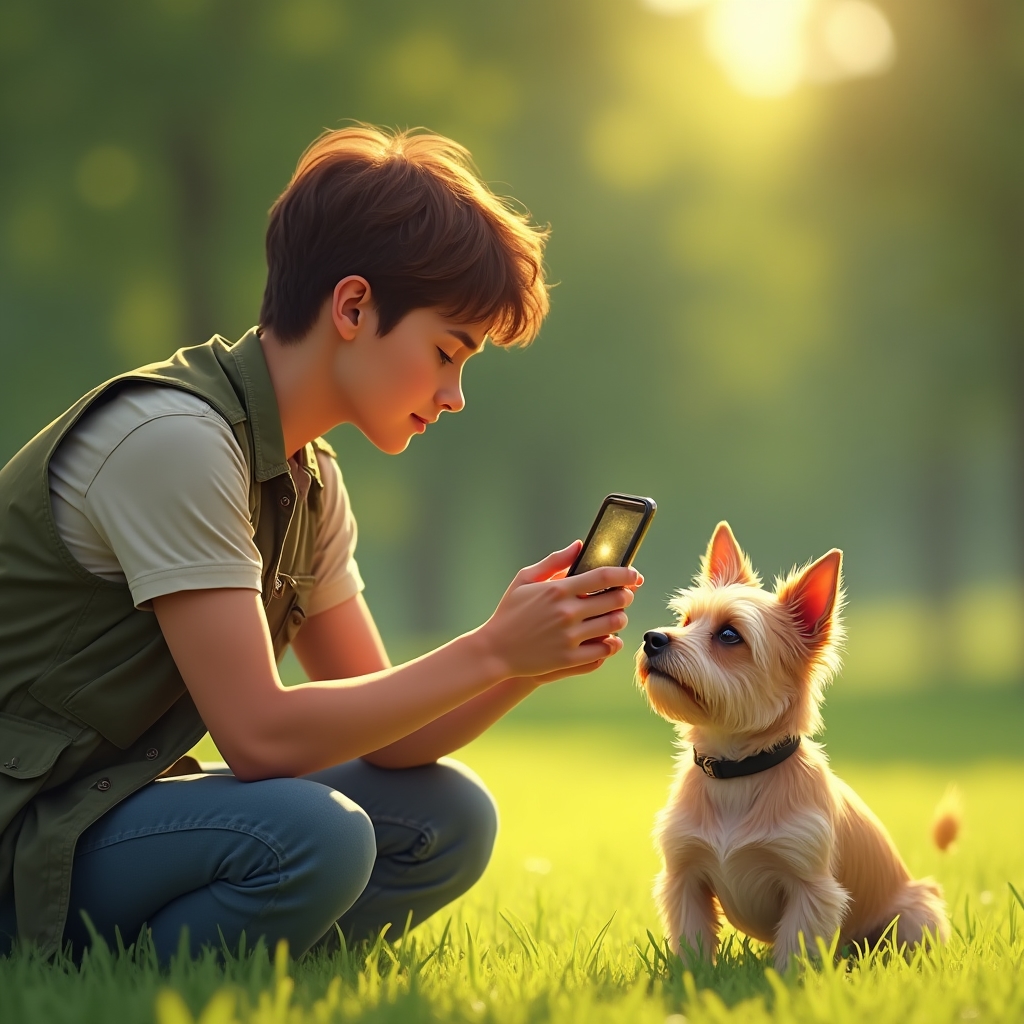 Walker che scatta una foto con lo smartphone a un cane durante una pausa nel parco per l'aggiornamento via WhatsApp